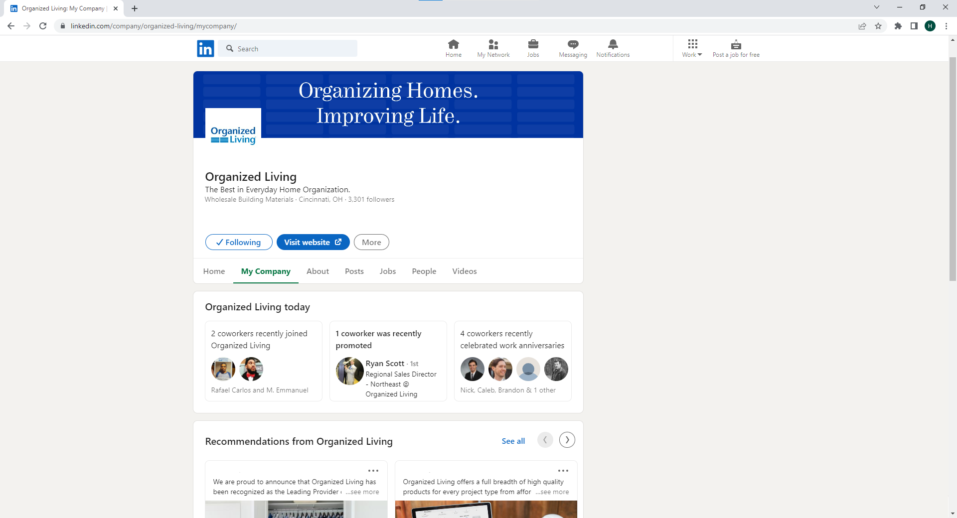 LinkedIn Profile Screenshot with bio and my company tab.