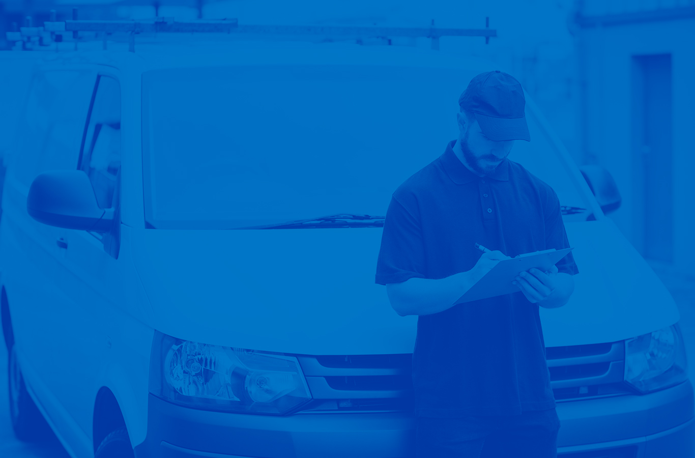Man with clipboard standing in front of a white van. This image has a blue overlay.