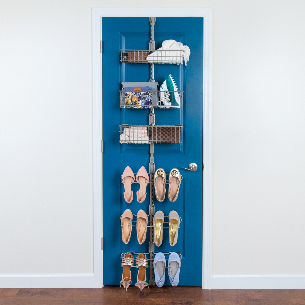Over the Door Closet Kit in Nickel with shoes and accessories.