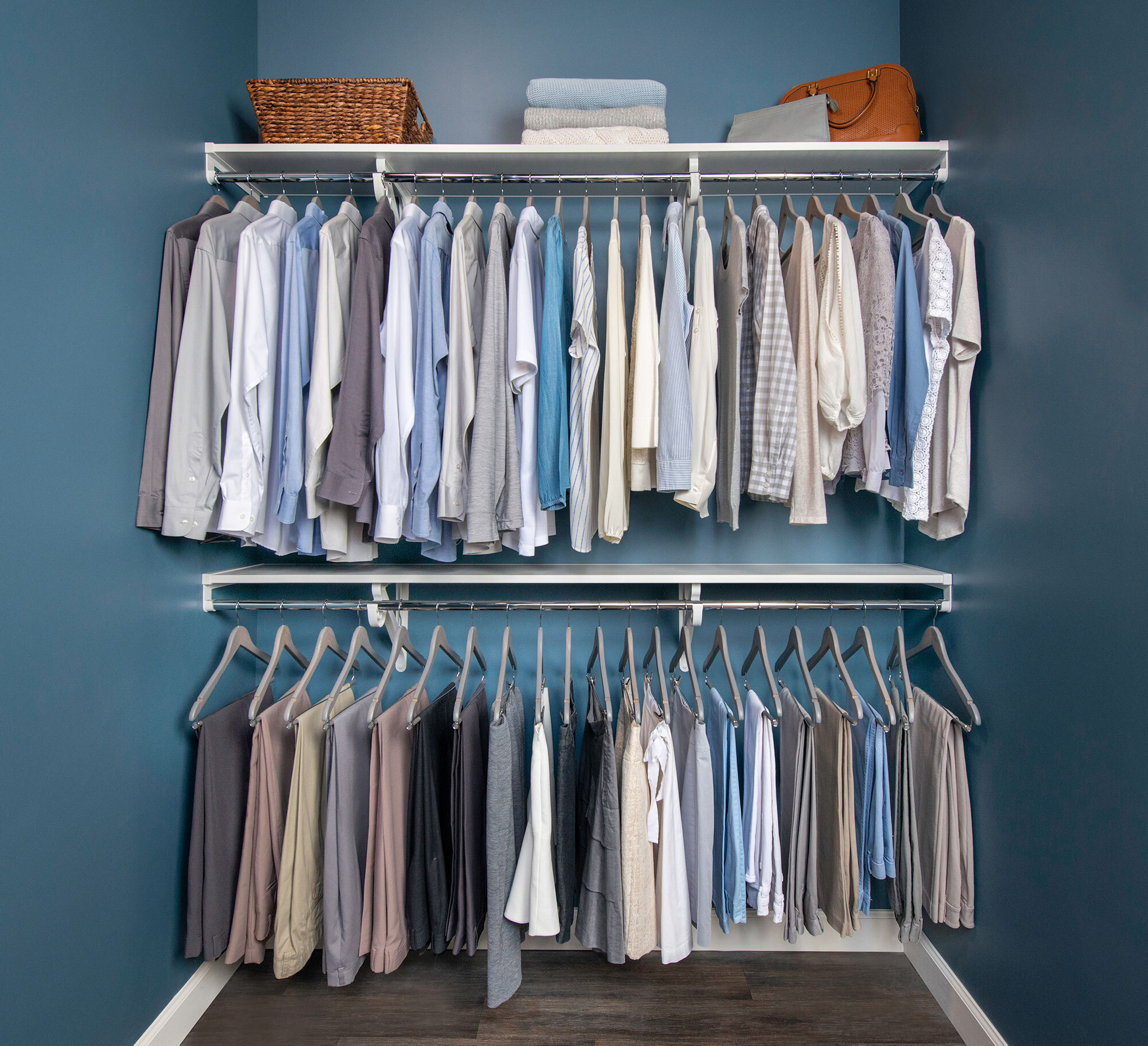 VUE Closet in White with women and men clothing.