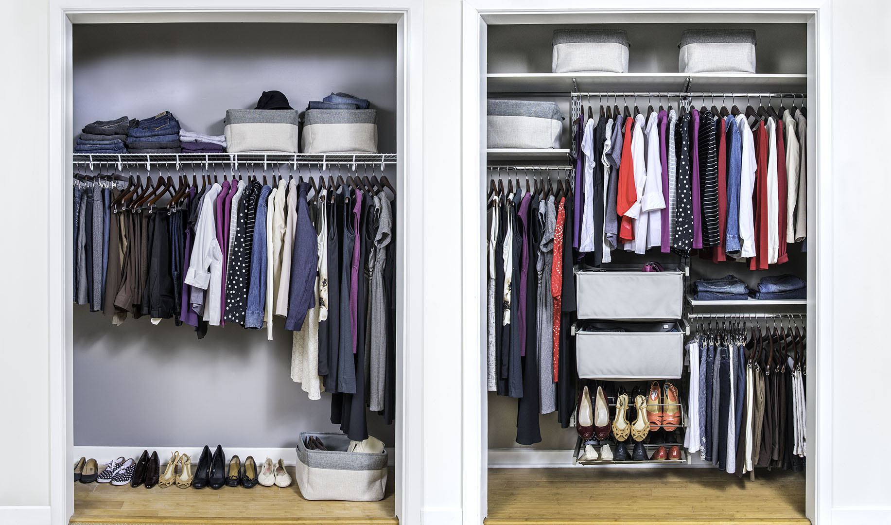freedomRail closets with shoes and women's clothing.