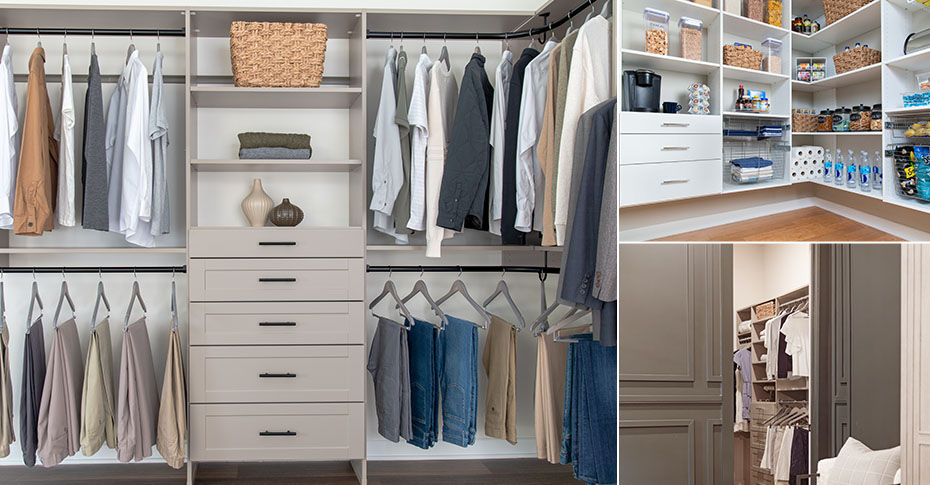 College of three closets in the Select product line by Organized Living. The left image is a Century Gray Select buil-in walk-in closet with black hardware and deco fronts. The closet is propped with male cltohing items. The top right image is a white walk-in pantry closet. Inside this image is food items. The bottom right is a walk-in closet in century gray. You can see some parts of the bedroom surrounding the bedroom closet.