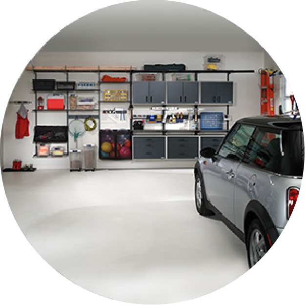 freedomRail Garage line inside garage with grey mini cooper inside the garage.