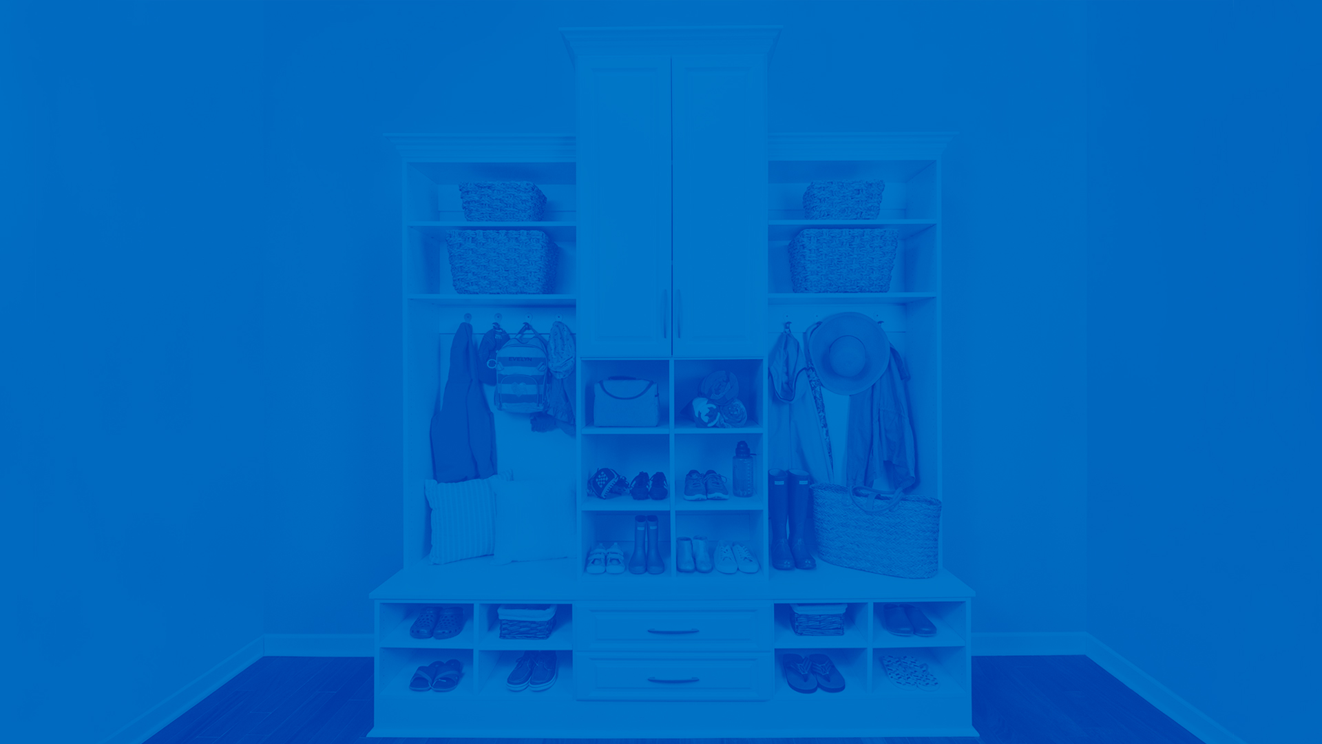 White Classica Mudroom closet with blue overlay