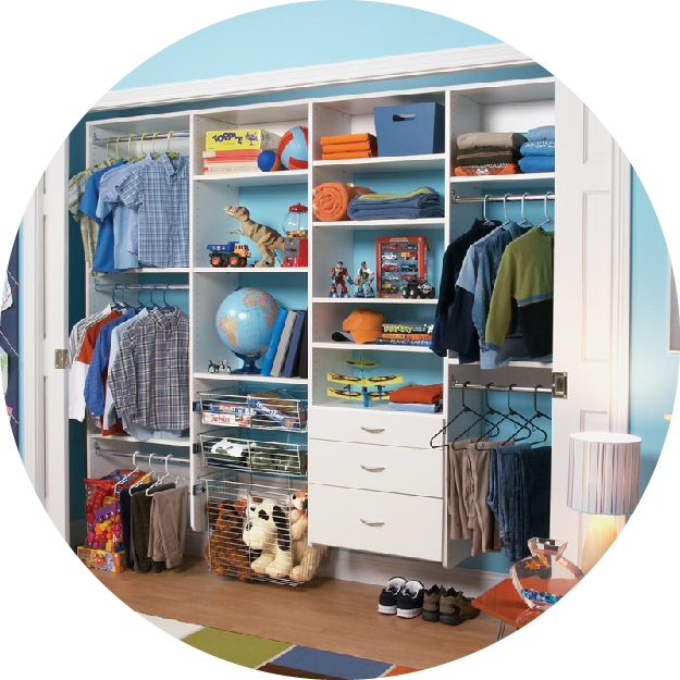 White freedomRail kids closet propped with kids clothing. The image is cropped into a circle.