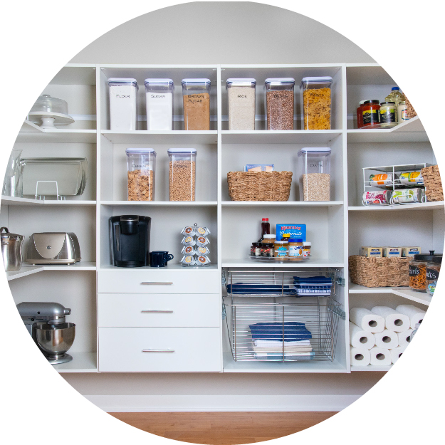 Circle cropped image of White Select Closet by Organized Living propped with pantry food and appliances.