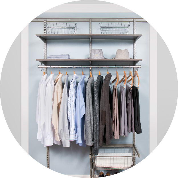 Circle cropped image of driftwood freedomRail closet propped with older male clothing.