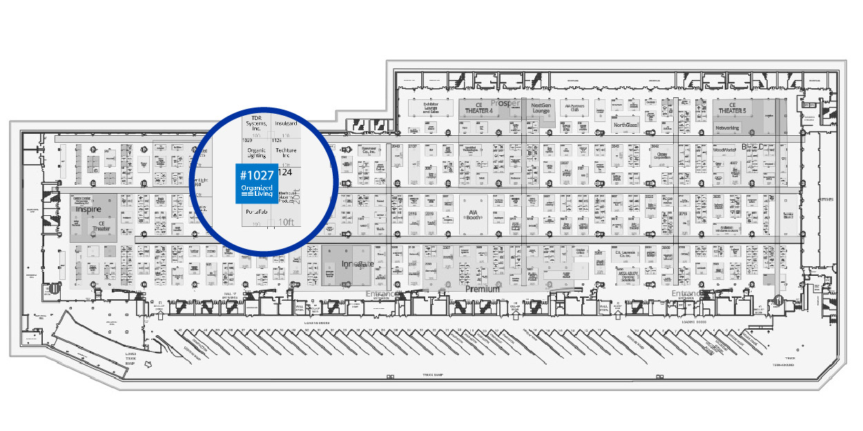 AIA 2024 Map - For OL-01-01 Map of where Organized Living Booth #1027 is located inside of the tradeshow floor.
