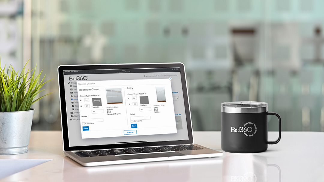 Bid360 software on laptop screen. There is a black Yeti mug next to it with the bid360 logo on it in white.