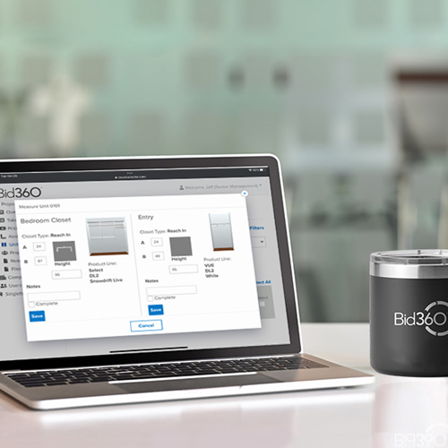 Bid360 software on laptop screen. There is a black Yeti mug next to it with the bid360 logo on it in white.