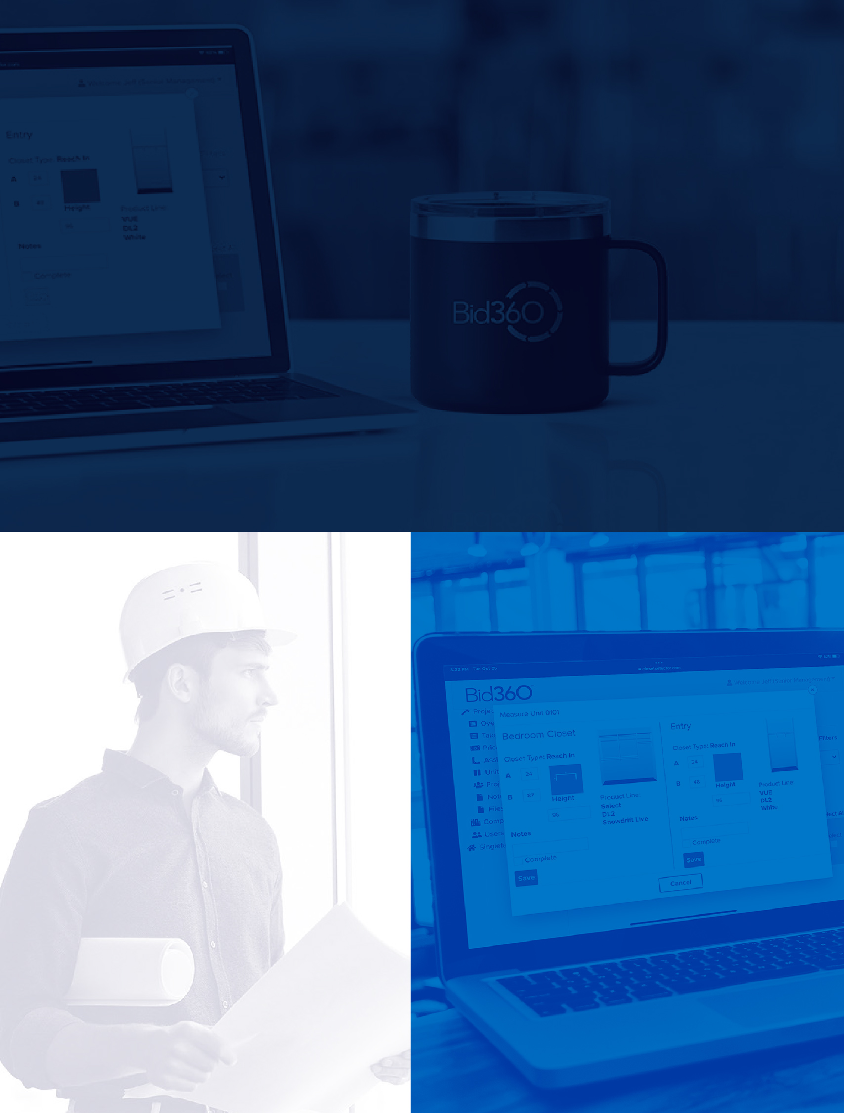Collage of three images. One of a Bid360 Coffee mug, a general contractor and Bid360 software on a laptop.