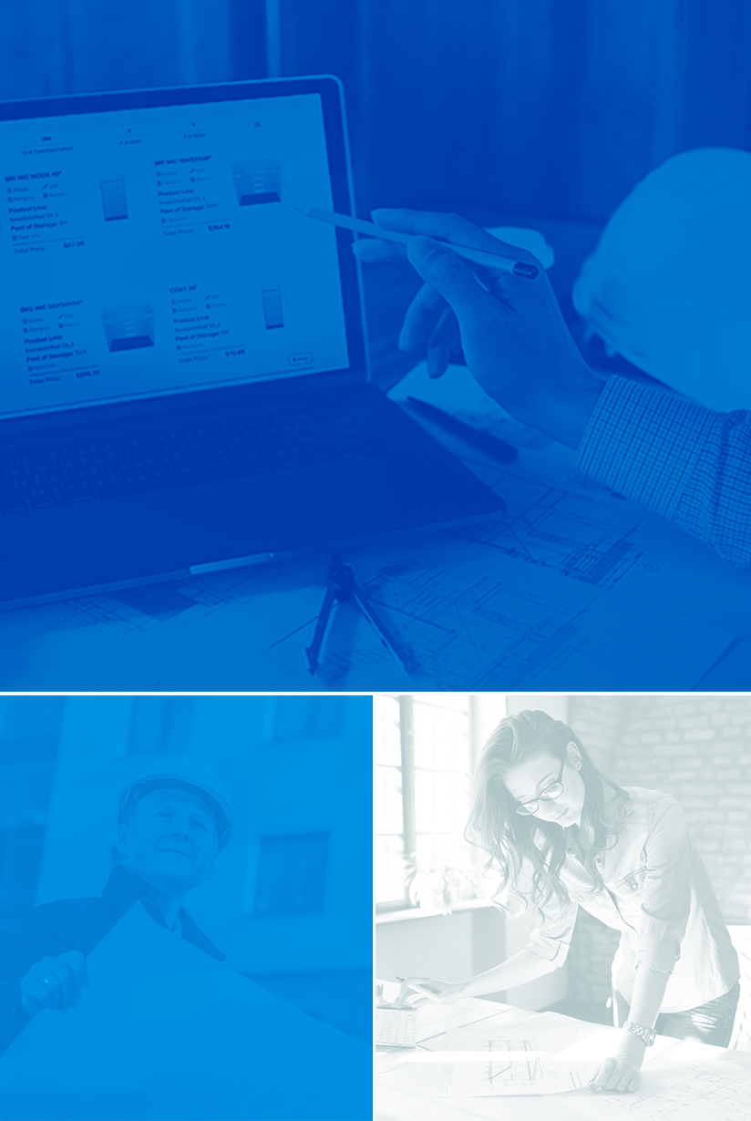 Collage of three images, one laptop, one contractor, one architect