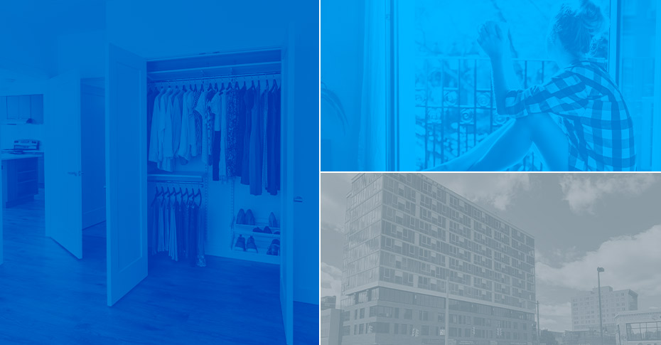 Collage of building, closet, and woman.