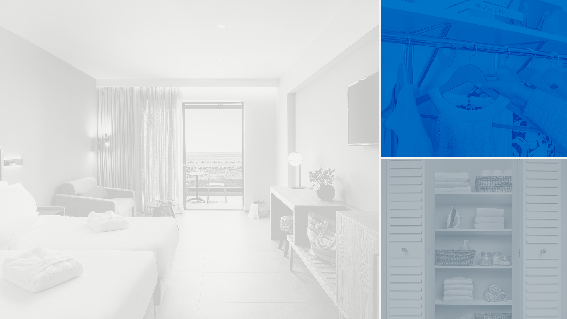 three closets with white, gray and blue overlays