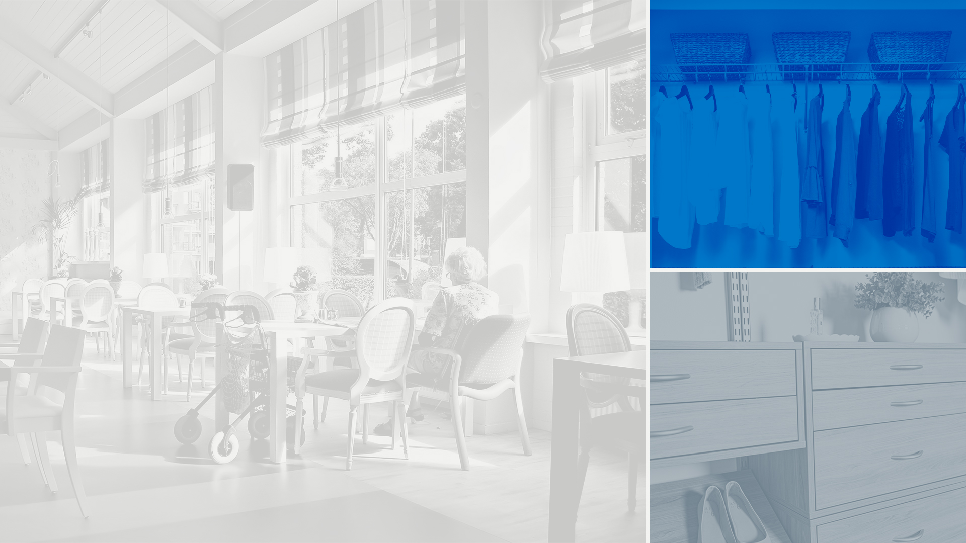 three closets with white, gray and blue overlays