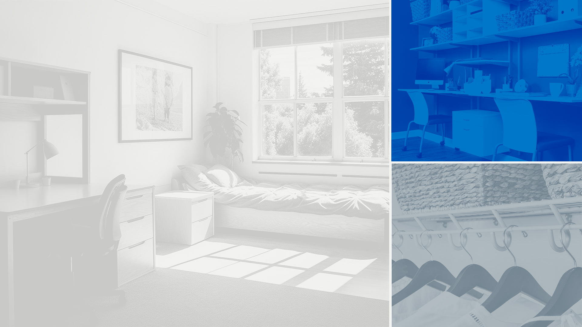 three closets with white, gray and blue overlays