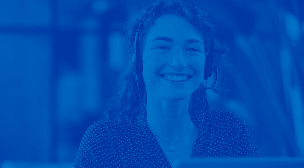 Women wearing headset with blue overlay.