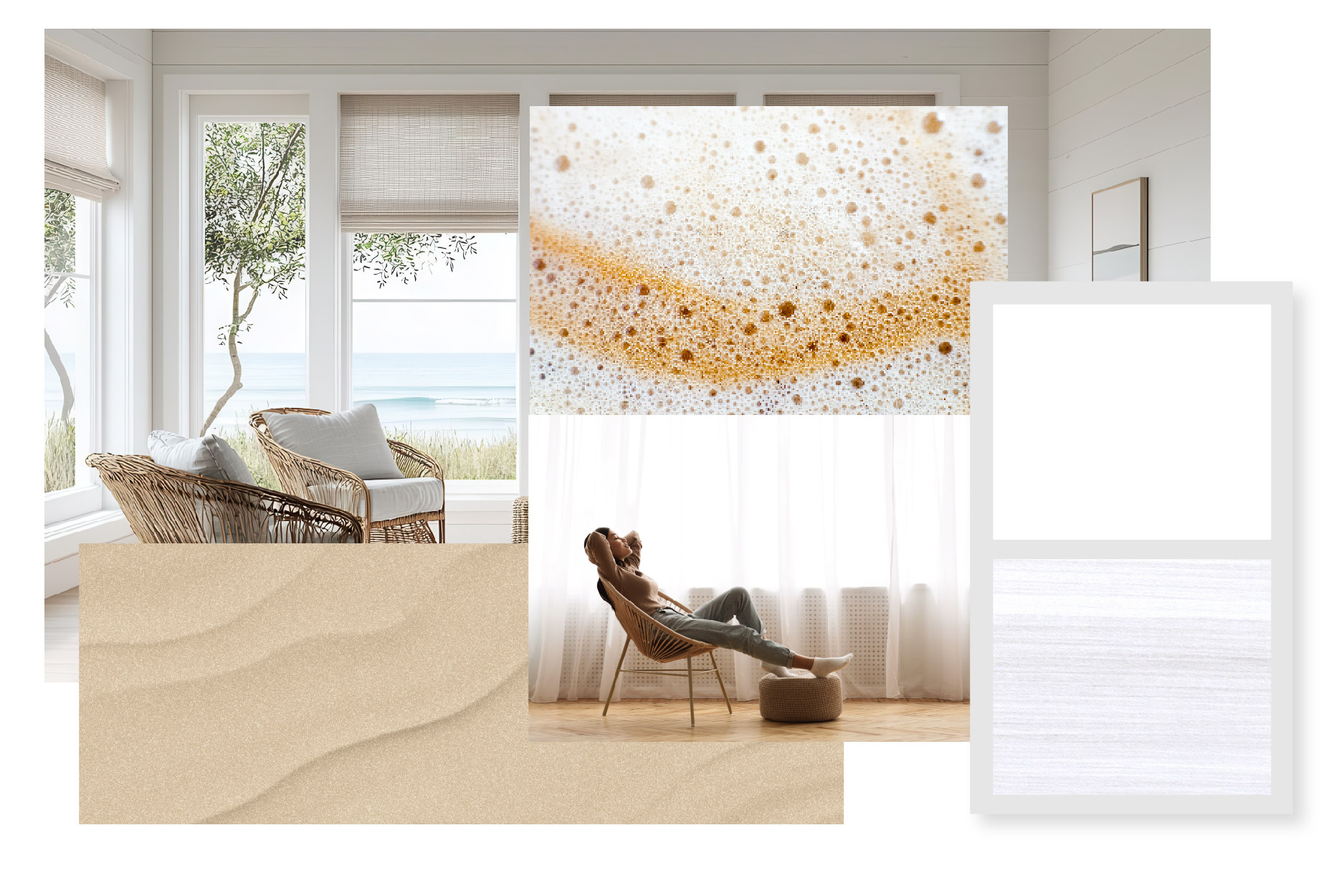Serene Getaway: Collage of 4 images alongside a color pallet. There is an image of a circle sauna in a forest, sand, top of coffee foam, and a personal relaxing in a light room. There are 4 product colors in this collection that are squares.