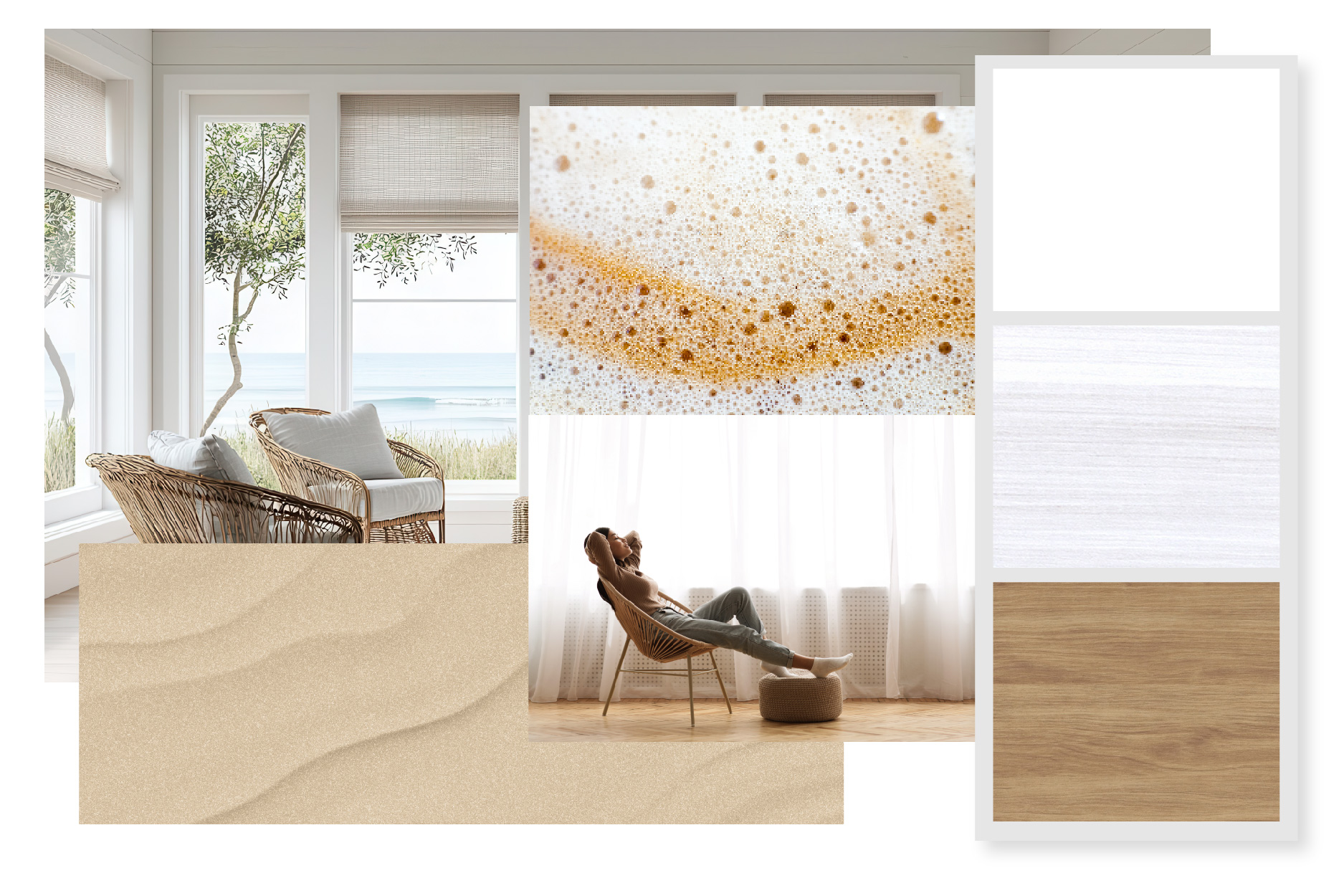 Serene Getaway: Collage of 4 images alongside a color pallet. There is an image of a circle sauna in a forest, sand, top of coffee foam, and a personal relaxing in a light room. There are 4 product colors in this collection that are squares.