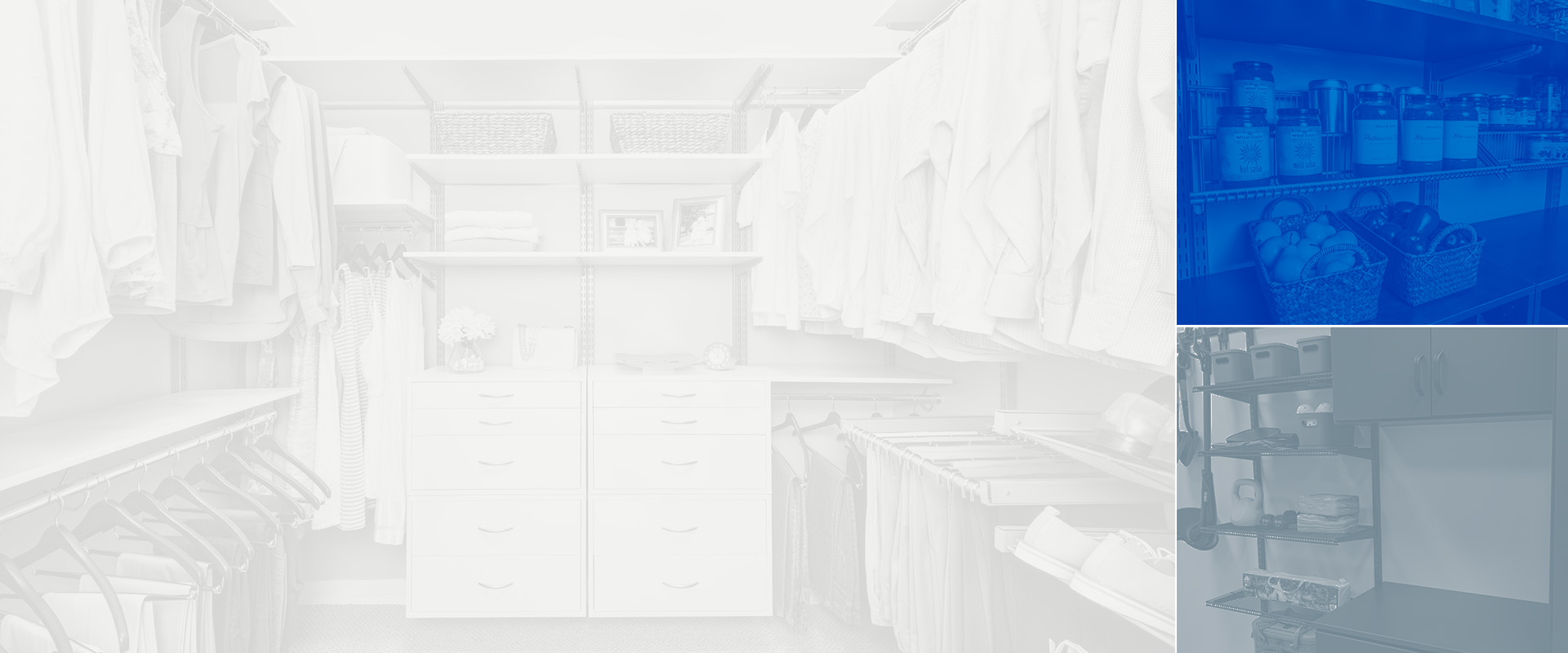 Collage of images of freedomRail walk-in closet, pantry and garage