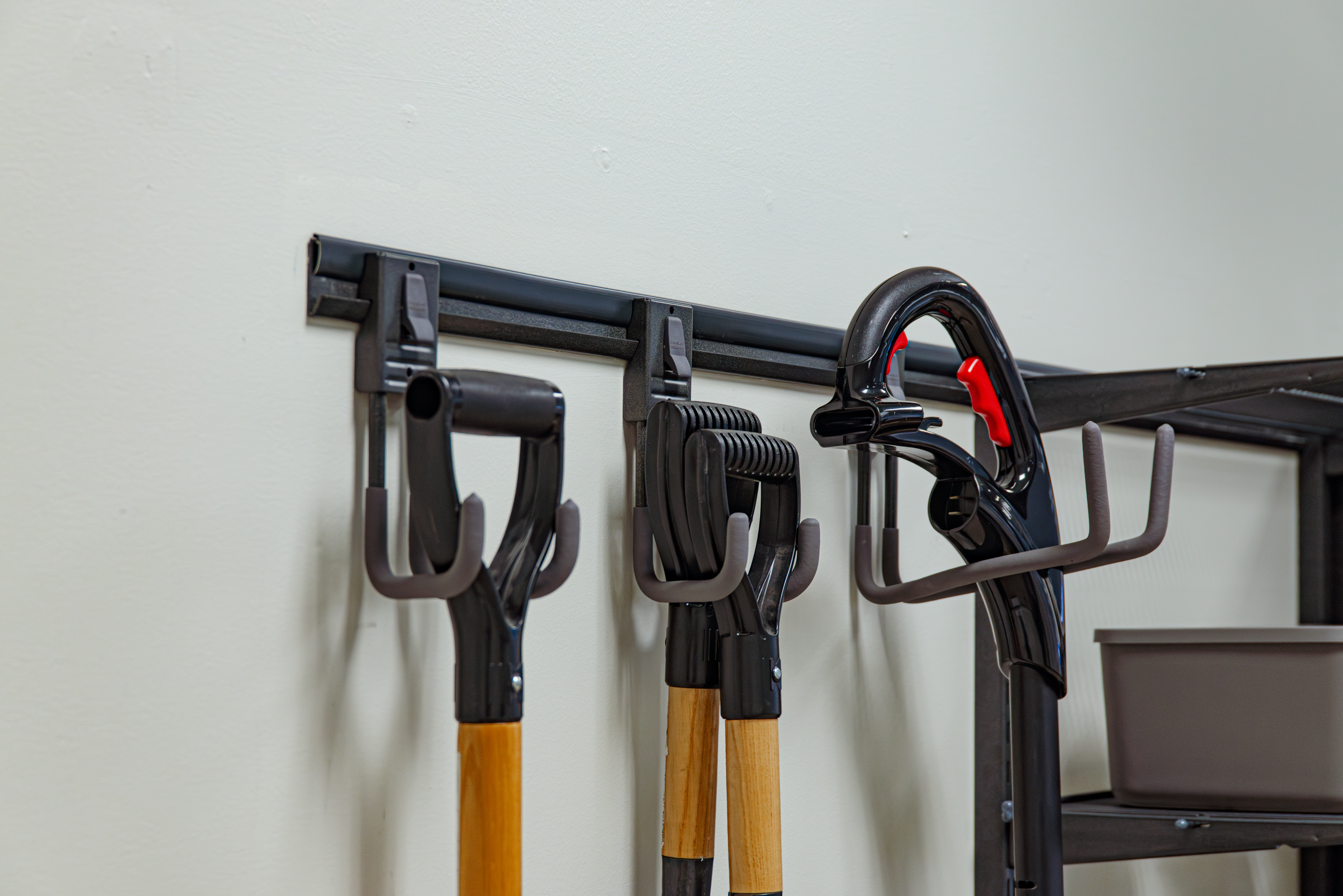 freedomRail EDGE Garage line. Garage yard tool storage.