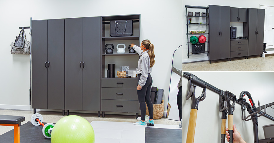 Collage of freedomRail in Century Gray, White, and Granite Gray. Includes walk-in closet, pantry, and garage.