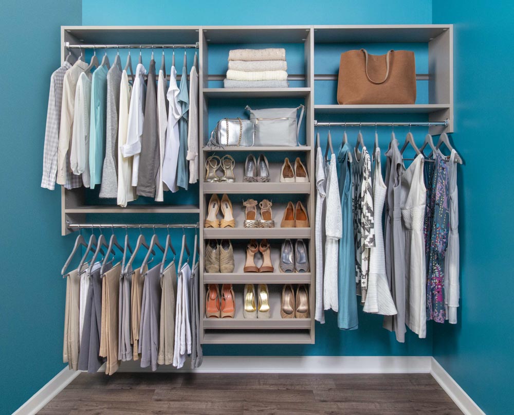 Select in Century Gray located in teal reach-in closet. Includes shoe shelves.