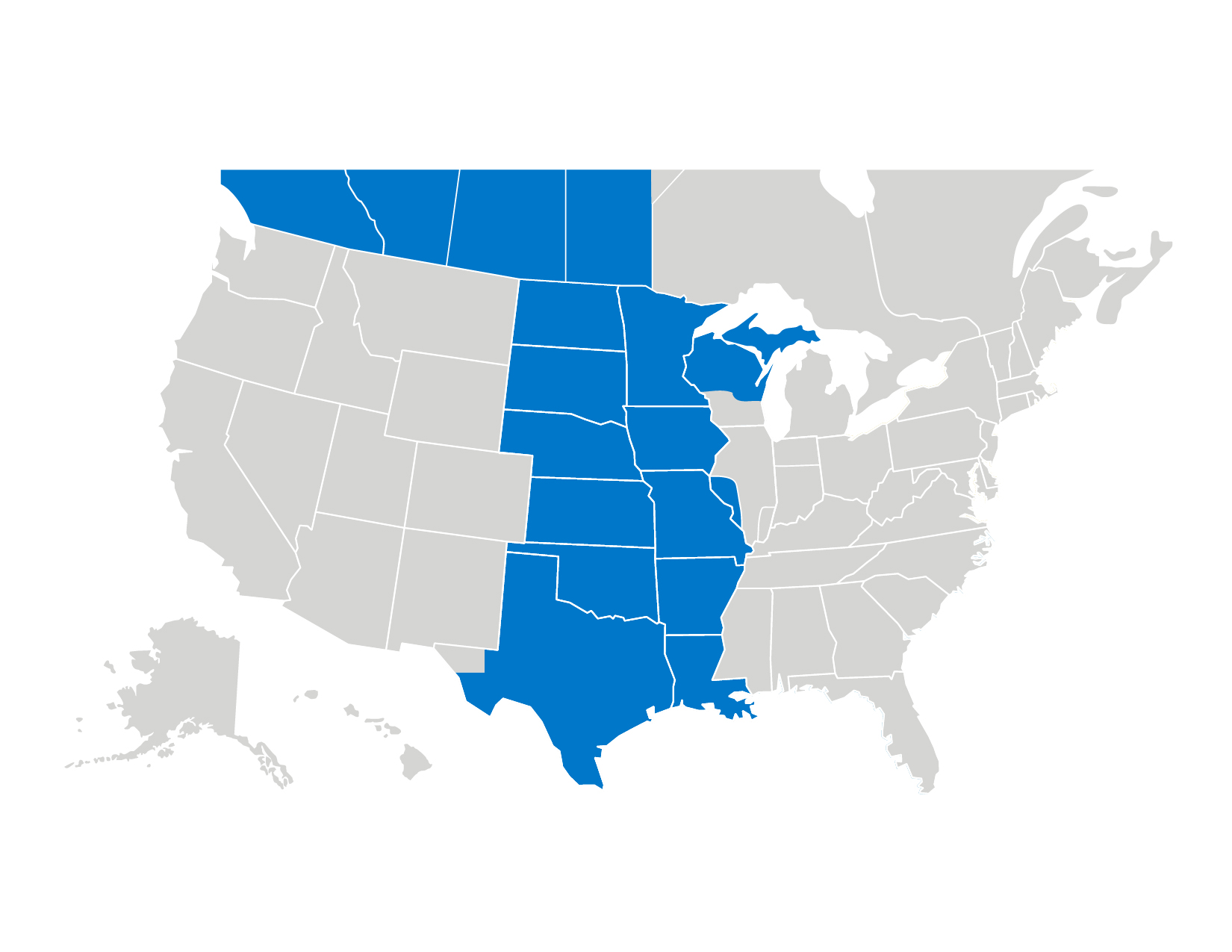 Map of the United States. The Central Sales Team territory is colored in blue.