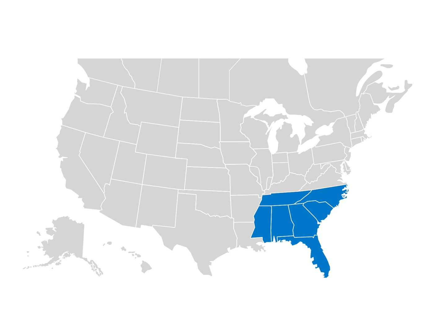 Organized Living Southeast Sales Team Organized Living Southeast Sales Team map. The region is highlighted in blue, and the rest of the map is gray.