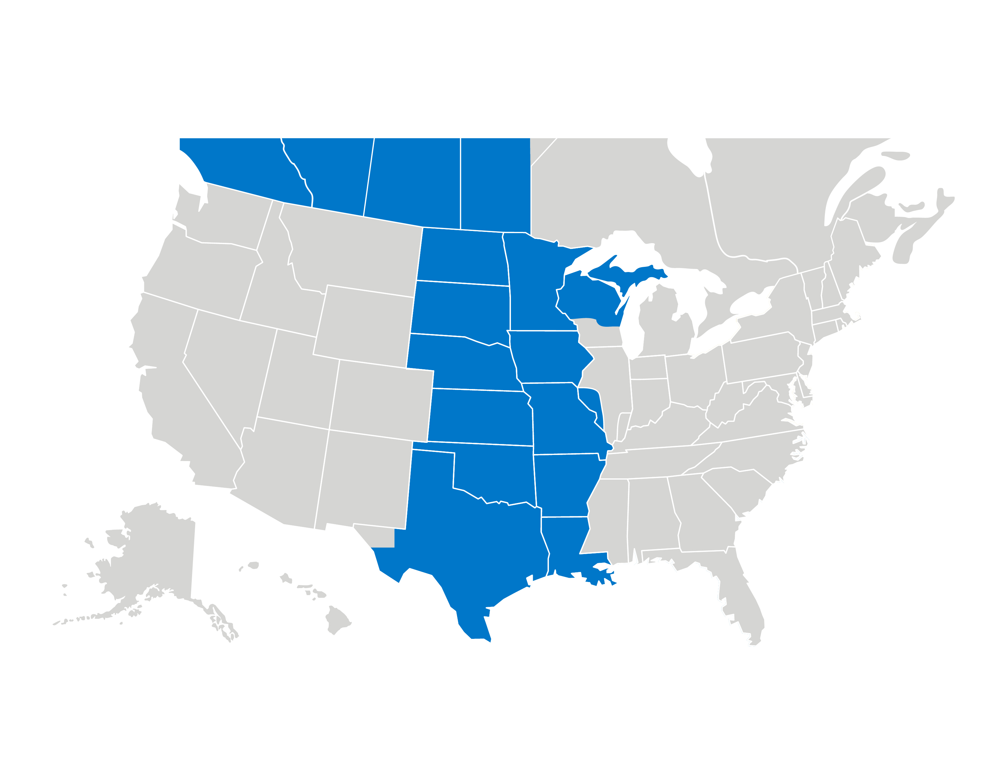 Map of the United States. The Central Sales Team territory is colored in blue.