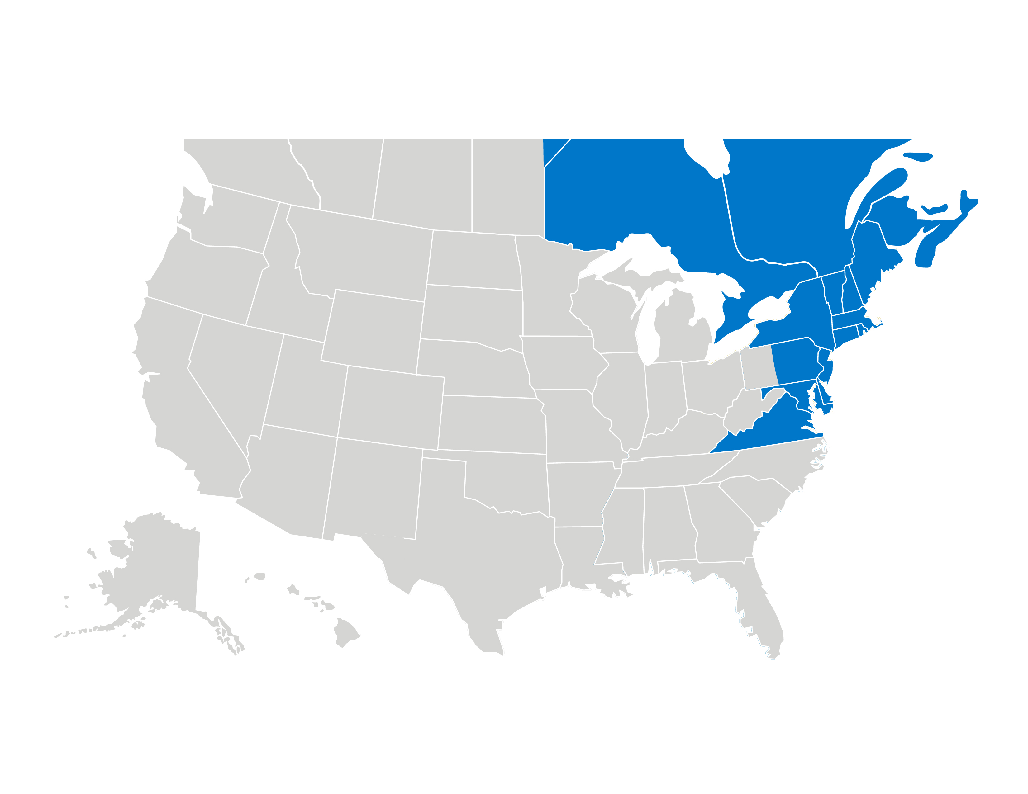Map of united states and canada. Northeast sales region highlighted blue.