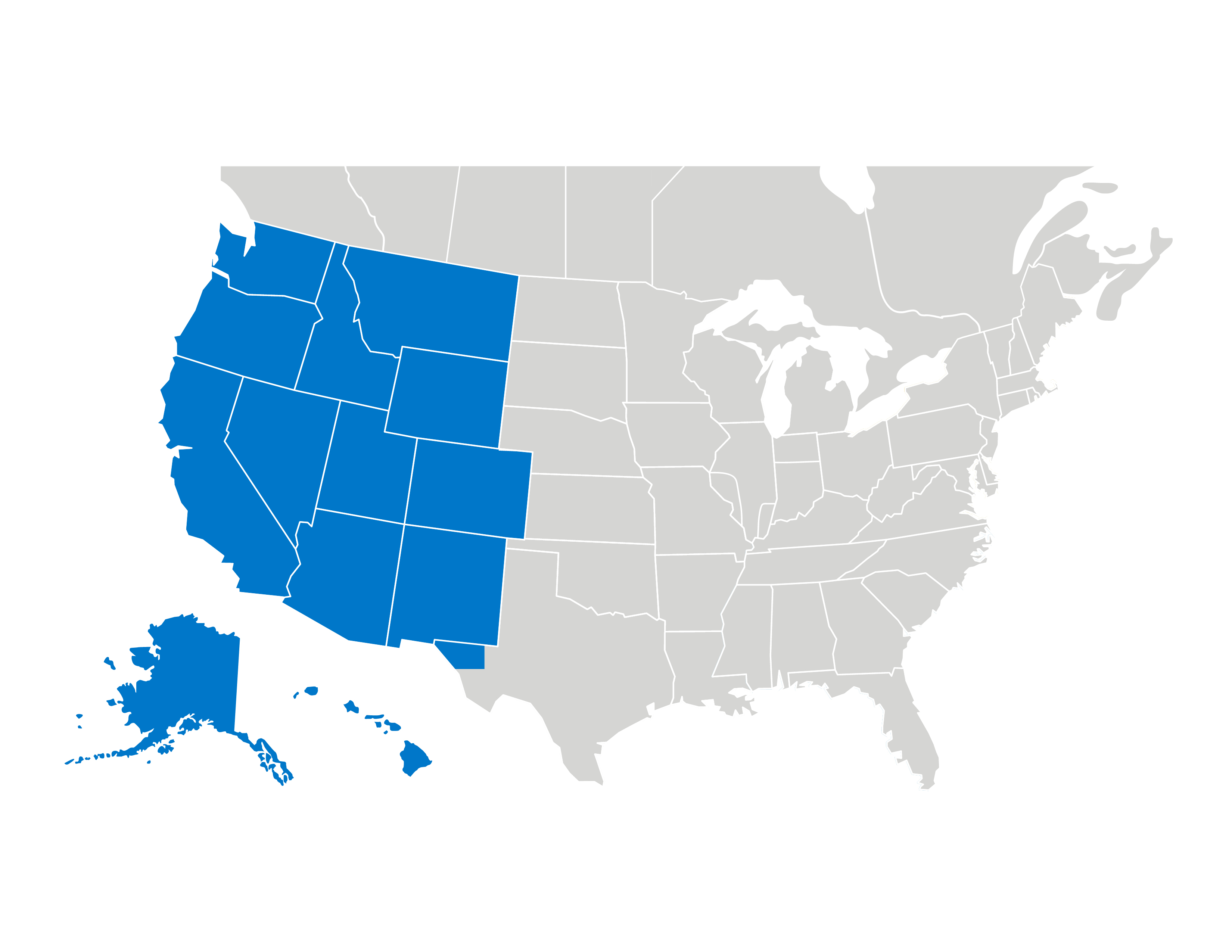 Map of united states and canada. West sales region highlighted in blue.